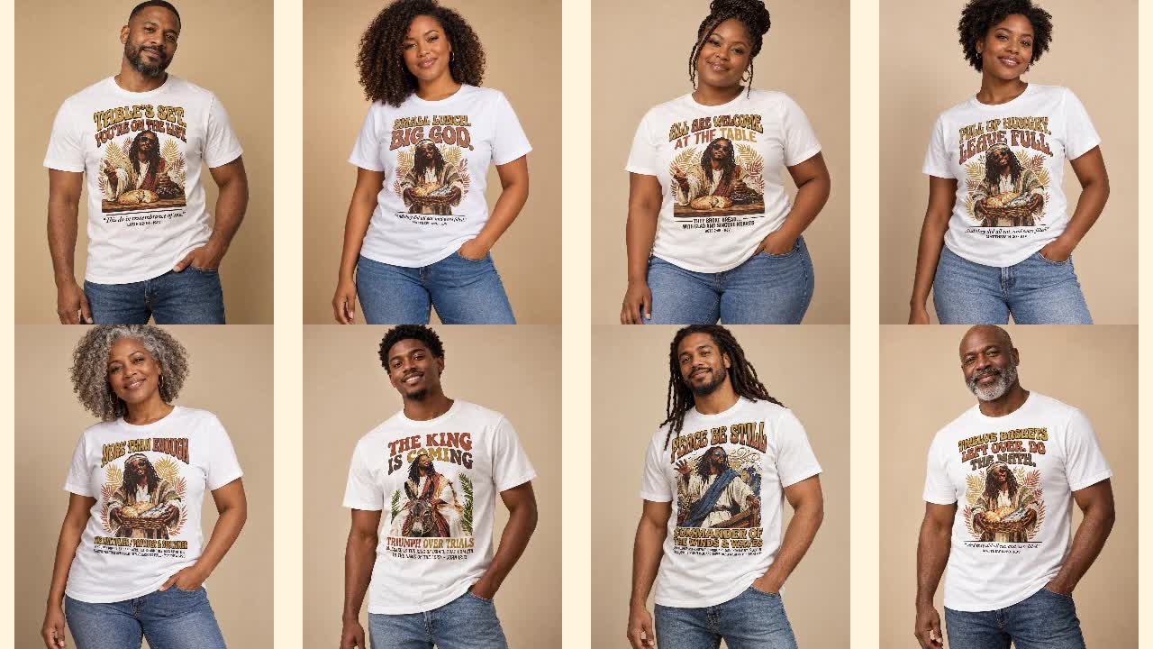 FunkyFaithClothing eight original white-tee model photos