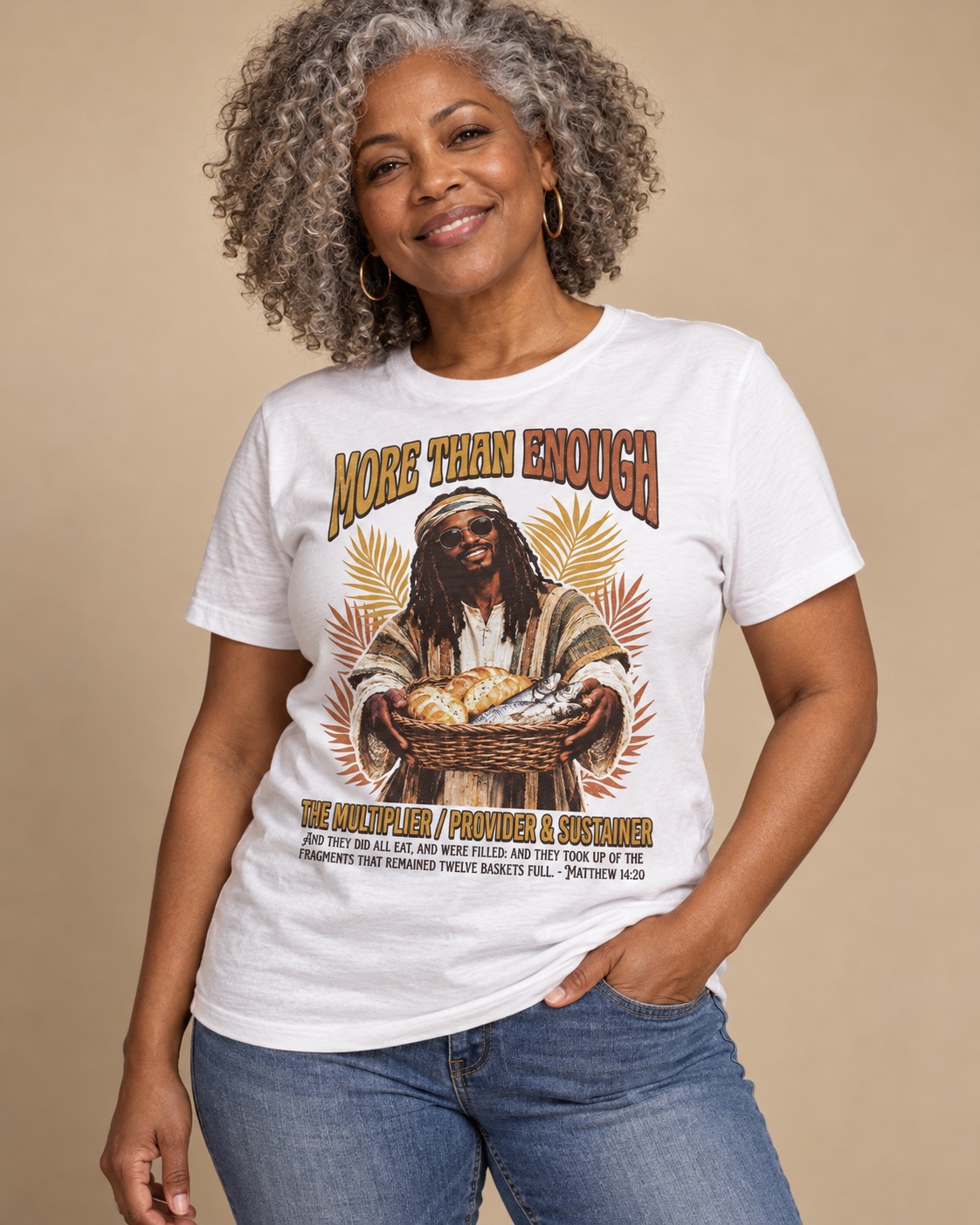 More Than Enough on an approved Black adult model, white tee concept